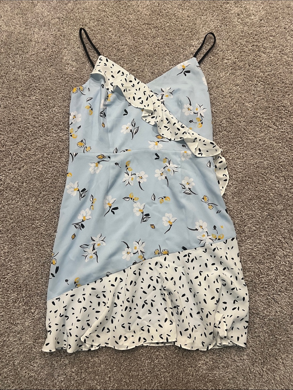 cooper & ella Blue Floral Mini Dress with White Ruffle Accents